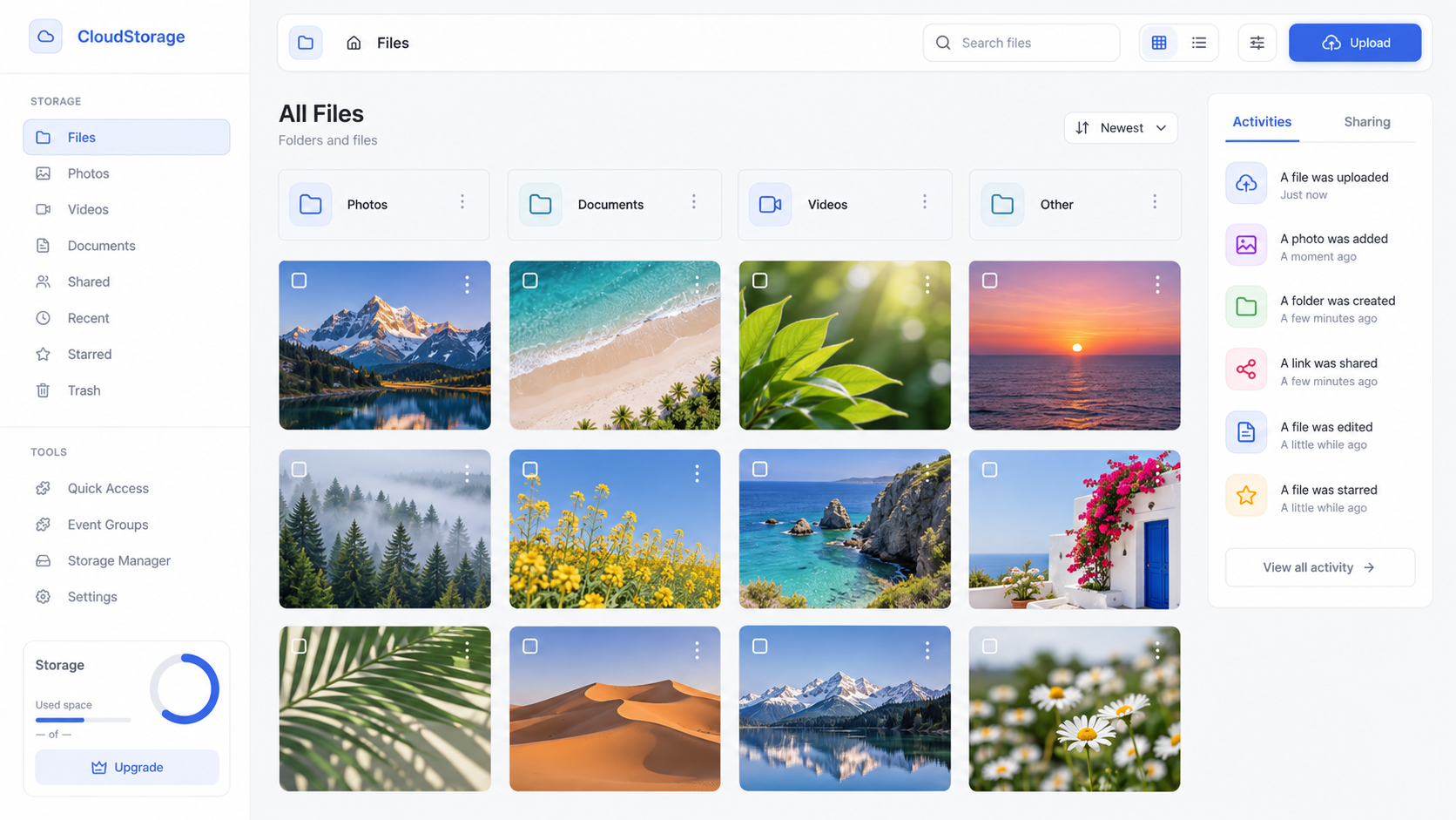 Placeholder Meridian Vault file library showing folders, image previews, and recent activity